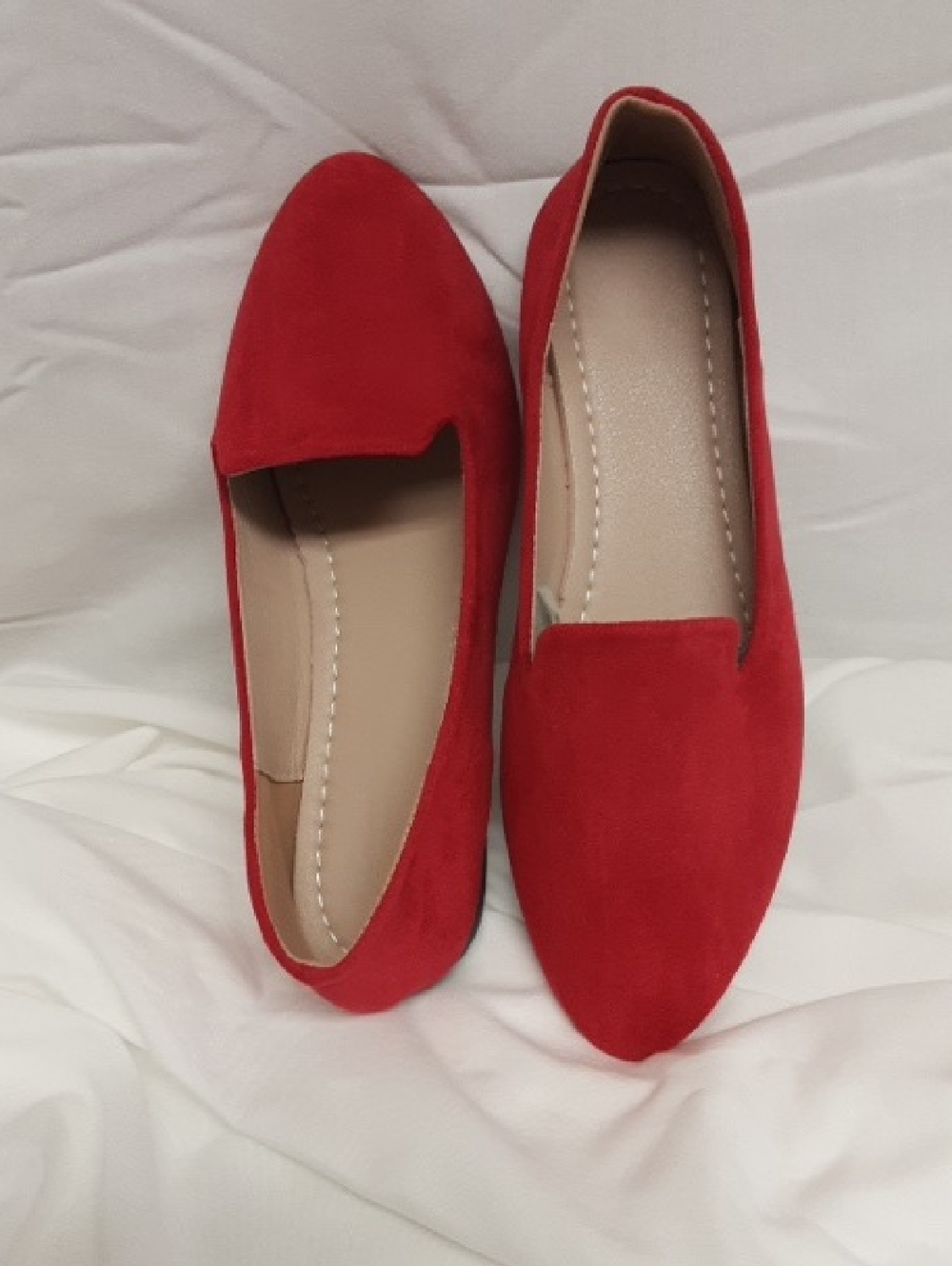 Red Faux Suede Pointed Toe Women's Flats